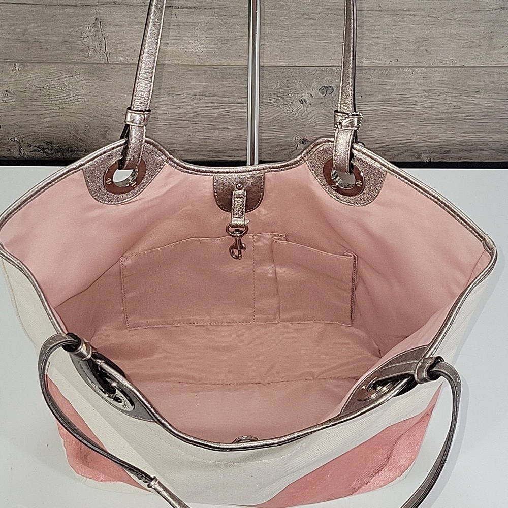 Coach Canvas Tote with Pink Stripe and Seashell Motif Tote Shoulder Bag F19273 - Picture 9 of 16